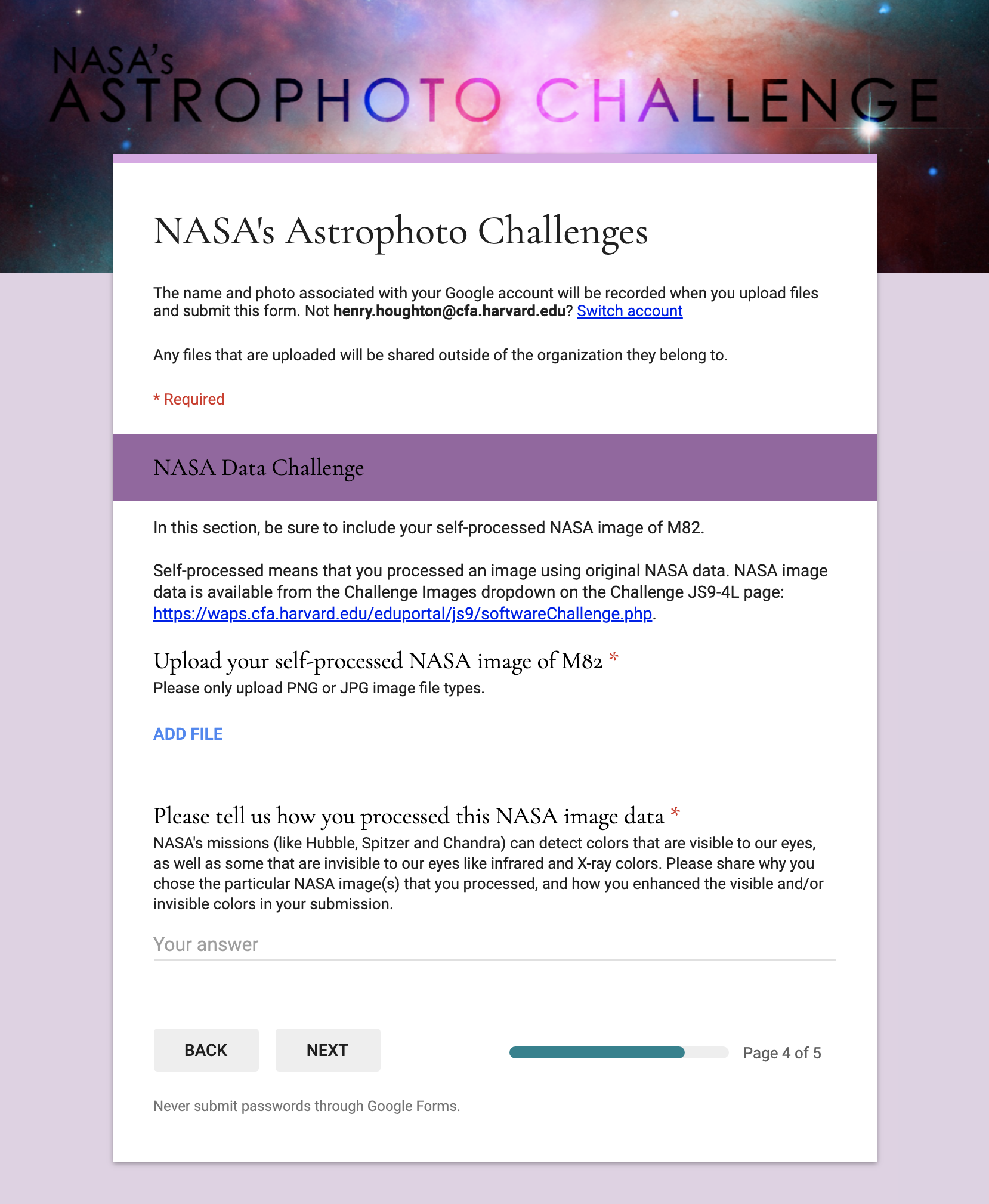 Screenshot of the NASA Astrophoto Challenge submition form