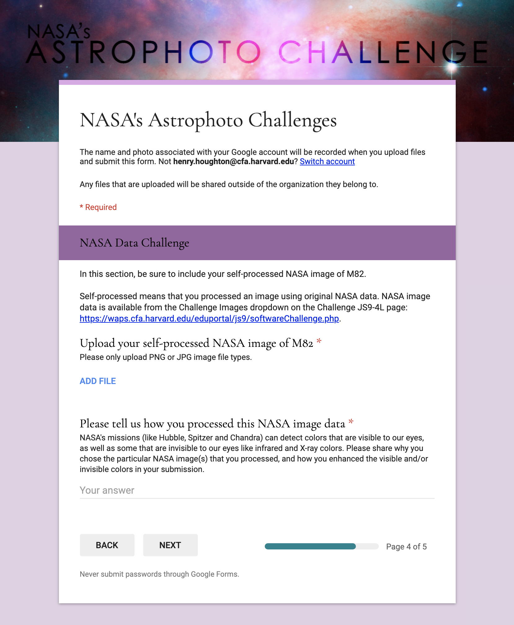 Screenshot of the NASA Astrophoto Challenge submission form